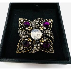 Vintage ART Signed Purple Crystal Moonstone Faux Pearl Filigree Pin Brooch